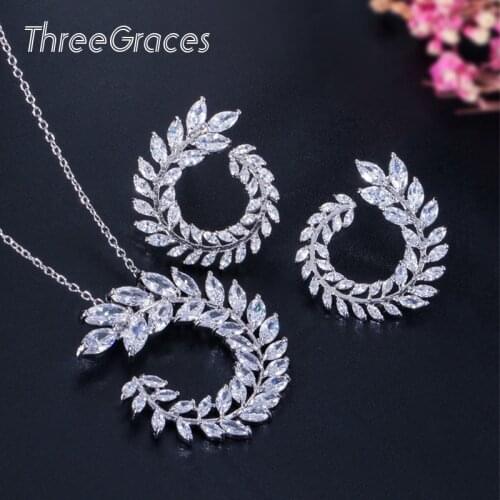 ThreeGraces Famous Design Cubic Zirconia Crystal Marquise Cut Earrings Necklace Fashion Jewelry Set For Wedding Party JS202