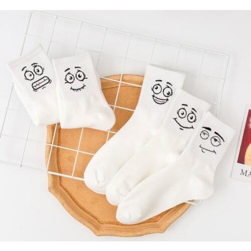Women Socks Cotton Solid Color Cute Smiley Face apanese White Harajuku Worsted Cotton Crew Fashion Funny Lovely Kawaii Woman Sox
