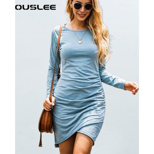 OUSLEE New Cotton Full Sleeve Dresses For Women Casual Irregular Slim Mini Dresses Female Casual O-Neck Tie-dye Dress Streetwear