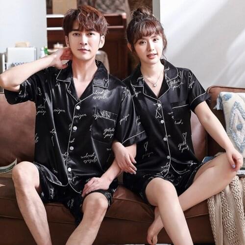 New Silk Couple Pajamas Mens Summer Spring Simulation Silk Ladies Short Sleeve Suit Korean Version Home Service Pigiami Donna