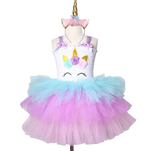 LOL Unicorn Tutu Dress 3 Layers Pastel Tulle Flowers Girl Birthday Party Dress Princess Kids Halloween LOL Doll Costume Clothes