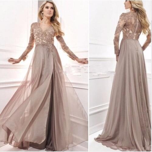 Modest Long Sleeve Mother Of The Bride Dresses 2020 Lace Chiffon Illusion Back Vestidos De Fiesta De Noche Wedding Party Gowns