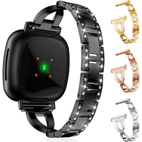 Luxury X Shaped Alloy Stainless Steel Watchbands For Fitbit Versa 3 Watch Accessories Women Rhinestone Replacement Strap Band