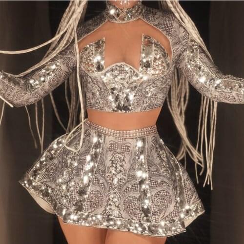 Silver Rhinestones Long Sleeve Top Short Skirt Women Sexy Singer Performance Stage Rave Jazz Dance Costumes Pole Clothing XS1274