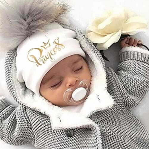 Newborn fashion golden princess letter crown toddlers infant bonnet baby faux fur pompom hat for girls hat cap for kids child
