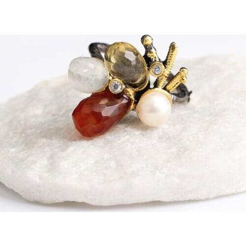 Light Green Orange and White Pearl Zircon Gold Plated Womens Silver Ring, Woman 925 Silver Zircon Handmade Ring, Oval Zircon