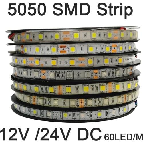 5m 12V 24V SMD 5050 LED Strip 60LEDs/m Flexible Decoration Lighting IP20 IP65 Waterproof LED Tape RGB RGBW RGB CCT Warm White