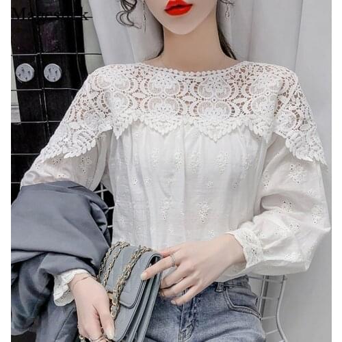 Spring Lace Hollow White Blouse Women New Plus Size Cotton Vintage Shirts Female Casual Office O Neck Splicing Tops Blusas 13293