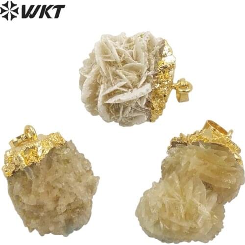 WT-P1671 Wholesale Natural Desert rose stone pendant with 18k real gold top irregular raw stone with Calcium hydrosulfate