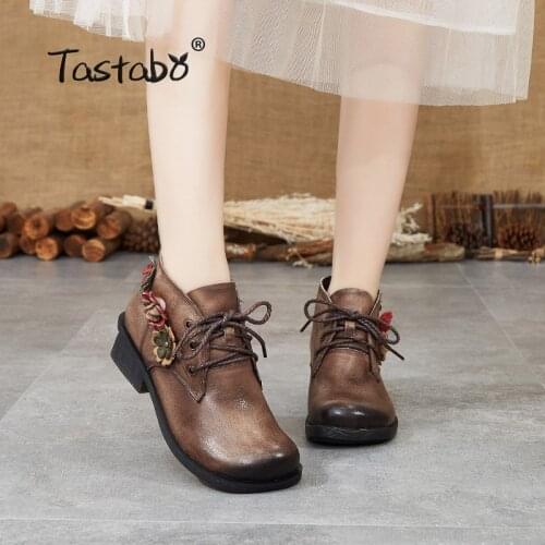 Tastabo Genuine Leather ladies Bare boots Vintage ethnic style Womens boots Brown Gray S88202 Non-slip Comfortable Flat bottom