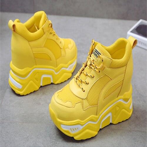 Hidden Heels Wedge Platform Sneakers Women Casual Lace Up Thick Bottom Walking Shoes Woman Non Slip Yellow Sneakers Mujer