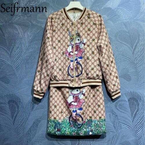 Seifrmann New 2021 Summer Women Fashion Runway Skirts Sets Lantern Sleeve Print Coats + High Waist Pencil Skirts 2 Pieces Suits