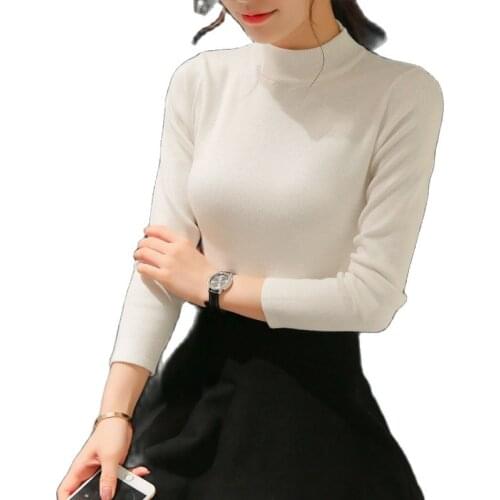 OHCLOTHING European winter womens semi high necked sweater slim white shirt sleeved sweater slim female backing sleeve head