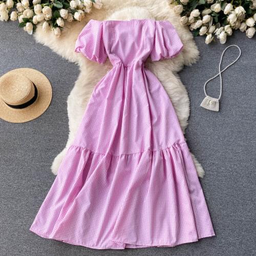 Sexy Slash Neck Off Shoulder Plaid Long Dress Women Elegant High Waist Slim A-Line Loose Big Swing Casual Pink/Blue/Green Robe