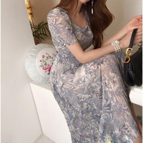 2021 Summer New Korean One-Piece WomenS Dress Elegant Square Neck Puff Sleeve Casual Dress Floral Chiffon Pleated Long Dresses