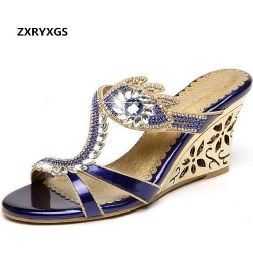 2021 New Summer Rhinestone Sandals Women Slippers Genuine Leather Shoes Sandals with Ladies Slope with Open Toe Fashion Slippers