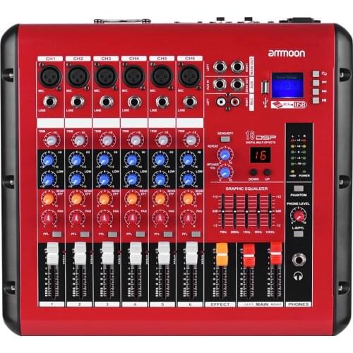 Ammoon PMR606 6-Channel Digital Audio Mixer Mixing Console with Power Amplifier Function 48V Phantom Power USB Interface mixer