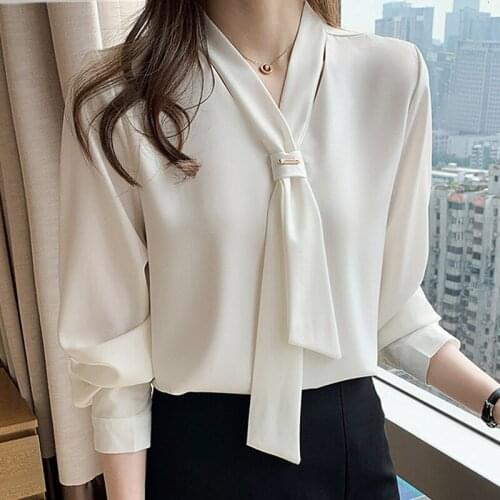 Blouses Femme Long Sleeve White Blouse Tops Women Blouse Women Blusas Mujer De Moda 2021 Bow V-Neck Chiffon Blouse Shirt E367