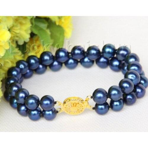 New hot 8" 7~8mm 2row round navy blue freshwater pearls bracelet