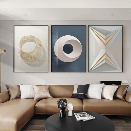 Home Living Room Decoration Painting Luxury Creative Abstract Architecture Geometry Golden Color Block Canvas Wall Picture Poste