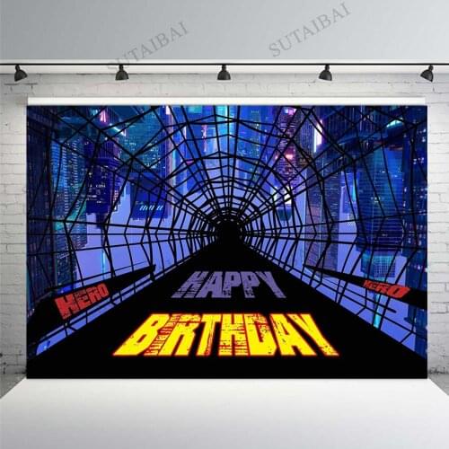 Happy Birthday Background Spider Web Super City Photography Backdrop Banner Boys Party Baby Shower Photo Booth Studio Supplies
