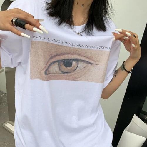 Ins Hand-Painted Eye T Shirts Women Cotton White Tops 2021 Summer New Korean Style Oversized Streetwear Tshirts Ladies Tees Tops