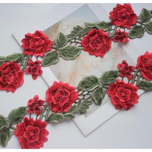 10Meters Red Flowers Embroidered Lace Trim Water Soluble Fabric For Cheongsam Lingerie Underwear Bra Dolls Dress Decor DIY