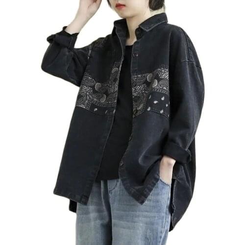Autumn New Retro Black Denim Jacket Big Size Loose Long Sleeve Denim Shirt Lapel Patchwork Printing Casual Large Size Jeans Coat