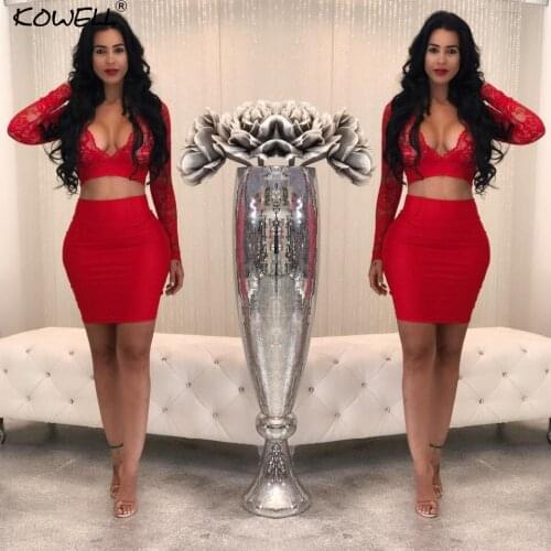 Hot Sale Women Casual Transparent Two Pieces Sets Bodycon Summer Set Sexy Club Party Business Wear 2018 Six Color Lace Set