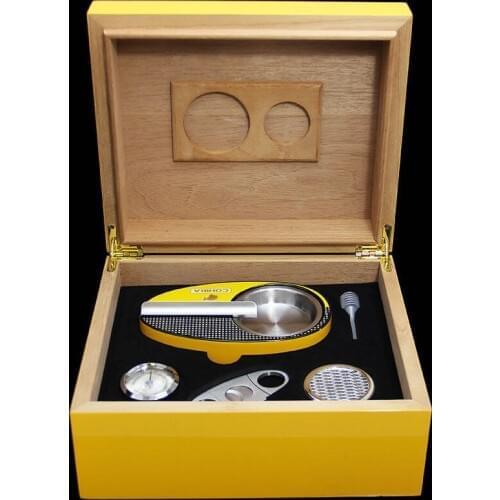 Multifunction COHIBA Yellow Cedar Wood Cigar Case Humidor with Cigar Suit as for Ashtray Cutter Humidifier and Hygrometer