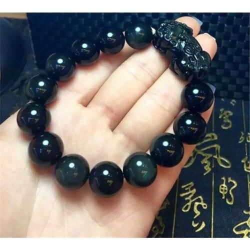 Natural Black Obsidian Gemstone Pi Xiu Dragon Beads Bracelet AAAA 14mm