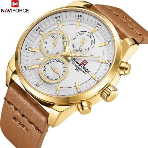NAVIFORCE Sport Watches Leather Strap Mens Luxury Brand Quartz Wristwatch Business Gold Watch Male Clock Relogio Masculino