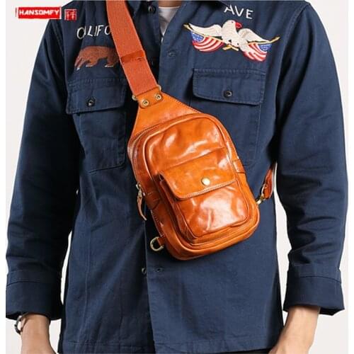 New style chest bag Men leather Korean version of the first layer cowhide mini portable light retro fashion trendy chest bags