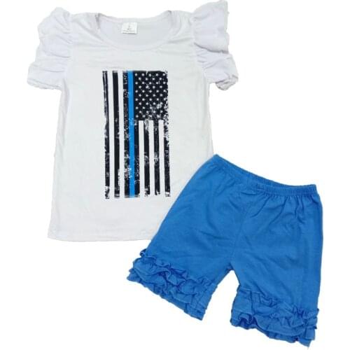 Baby girl clothes white top with flag pattern blue icing ruffle shorts girl boutique summer outfit