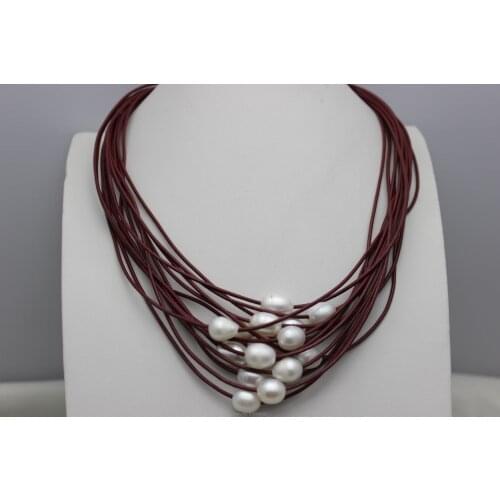15strands Red leather and pearls necklace 9X12mm 45cm