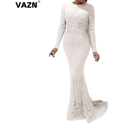 VAZN Sexy 2021 Night Shinny Dress Formal Lace Hollow Out Dresses For Evening Robe Maxi Dress Sexy Shinny Young Lady Dress