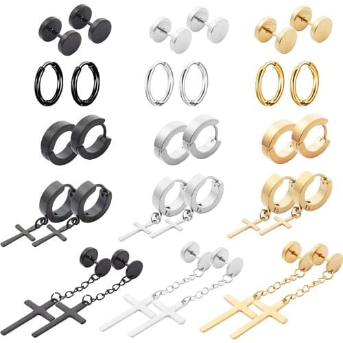 1 Pair Punk Stainless/Titanium Steel Stud Earrings For Men and Women Gothic Street Pop Hip Hop Ear Jewelry Black/Silver/Gold