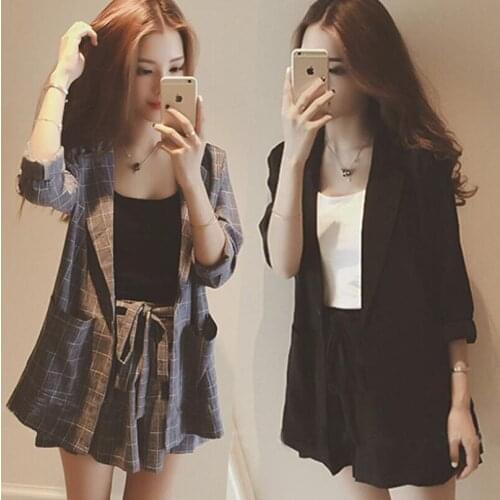 Spring summer womens Two-piece shorts sets seven-point sleeve plaid set thin coat + elastic waist wide leg shorts 2 sets S-3XL