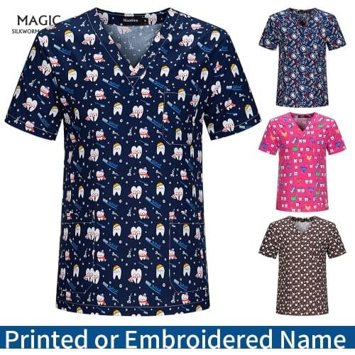 Top Selling Nurse Uniforms Women Short Sleeved V-neck Tops Pet Clinic Work Uniform Cartoon Print Blouse Nurse Uniform Scrubs Top
