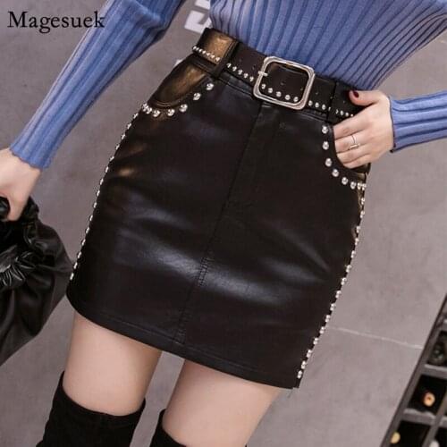 Autumn Sexy PU Leather Skirt Korean Winter High Waist Mini Skirt Beading Lift Hip Short Black Skirt Women With Belt Faldas 12131