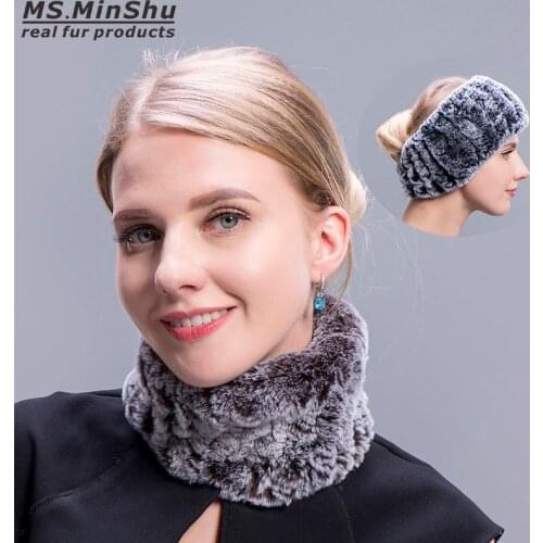 Ms.MinShu Women Rex Rabbit Headband Real Rex Rabbit Fur Ear Warmer Winter Elastic Neck Ring Warmer Natural Fur Neck Ring