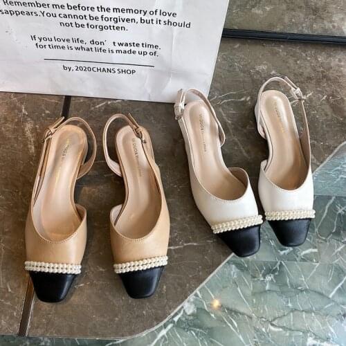 Womens 021 Spring/Summer New Season Fairy Pearl Flat Pumps Womens All-Matching Chunky Heel Sandals