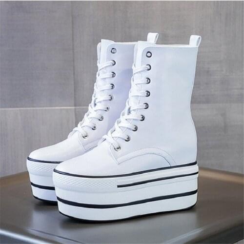 Womens Platform Boots Split Leather Fashion Thick Sole Women Mid-Calf Boot Hidden Heels Platform Shoes Autumn Woman Boot