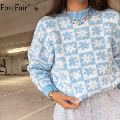 Forefair 2021 O Neck Long Sleeve Knitted Sweater Top Autumn Winter Women Floral Print Blue Loose Casual Pullovers