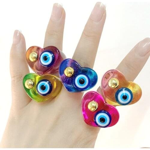 Goth Resin Rainbow Heart Evil Eyes Rings for Women Punk Fashion Vintage Y2K Rings Charm Fashion Jewelry 90s Aesthetic Gifts New