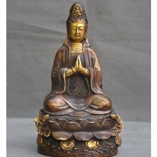 9"old Chinese bronze Buddhism temple Kwan-Yin Guanyin Bodhisattva Buddha statue