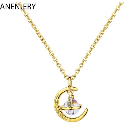 ANENJERY 925 Sterling Silver Fantastic Round Universe Planet Pendant Necklace Moon Necklace Jewelry For Women Gifts S-N504