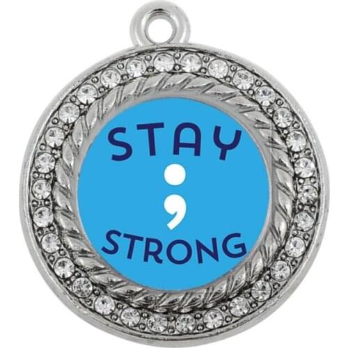 STAY STRONG SEMICOLON MOVEMENT CIRCLE CHARM ANTIQUE SILVER PLATED JEWELRY