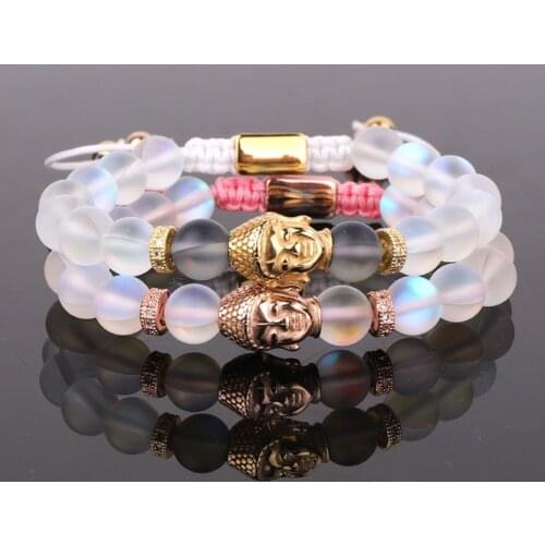New Fashion Women Lady Bracelets AB Color Moon Glittery Flashy Crystal Bead Stainless Steel Buddha Head Charm Bracelet Women