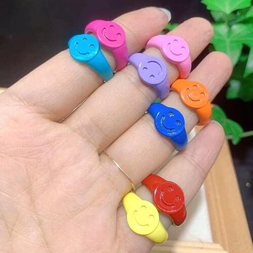 10Pcs Multicolor Enamel Happy Smiley Face Open Rings For Women Creative Circle Cute Ring Party Adjustable Punk Jewelry